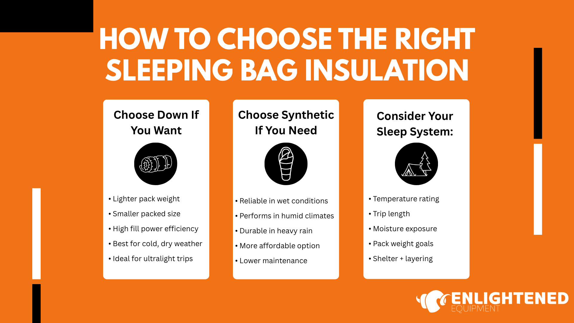 summary of how to choose the right sleeping bag insulation type - Choosing what down, choosing what synthetic, considering your sleepy system