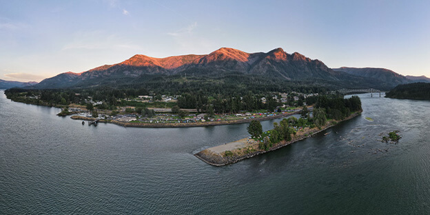a drone shot overview of Cascade locks Oregon where PCT Days is held